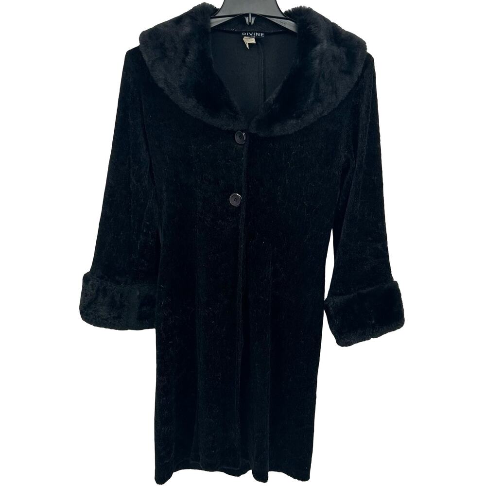 Vintage 90s Women's Black Divine Faux Fur Opera Long Button Up Jacket Sz M